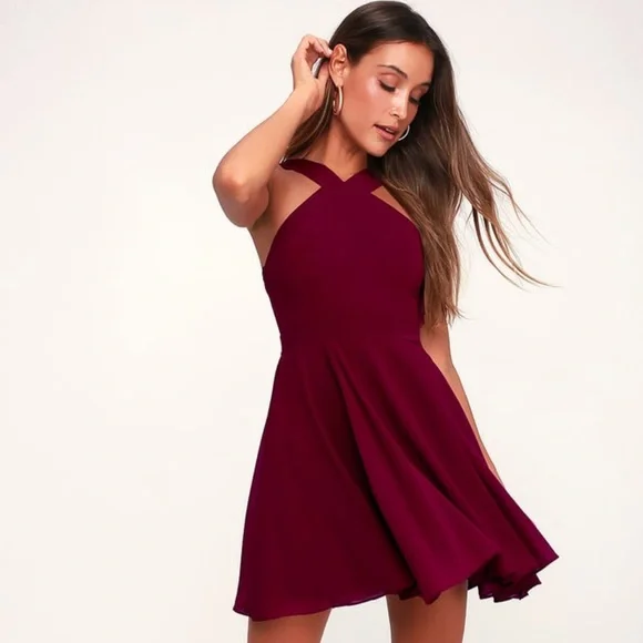 LULUS Forevermore Skater dress sz XS in burgundy - Picture 3 of 8